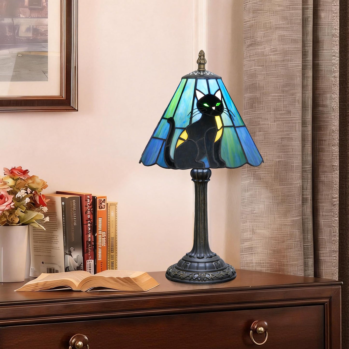 KIPHEPI Tiffany Lamp Stained Glass Table Lamp 8X8X14 Inches Black Cat Style Living Room Bedroom Dorm Kitchen Home Decor Festival Birthday Gift