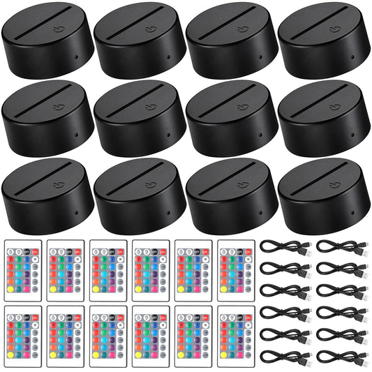 Honoson 12 Sets 3D Night LED Light Lamp Base 16 Colors LED Light Display Base with Remote Control USB Cable for Acrylic and Resin Glass for Restaurant Room(3.35 Inch,Black)