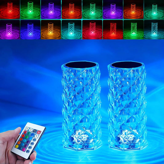 2Pack Crystal Table Lamp (Touch & Remote), 4 Modes 16 Color Changing Night Light, Rechargeable, Dimmable, RGB Rose Diamond Mood Lighting, Protable Cordless Desk Lamp for Bedroom Living Room Party