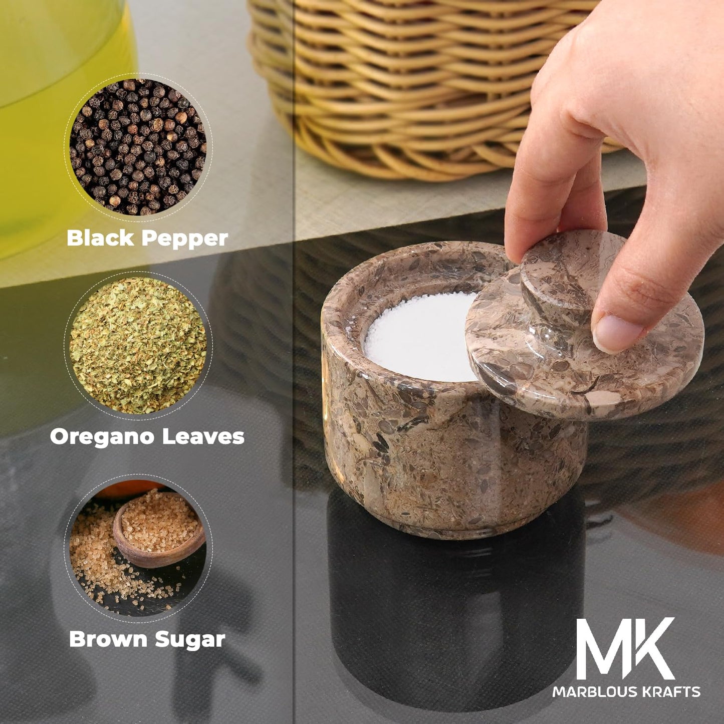 MARBLOUS KRAFTS Marble Salt Cellar with Lid 3" Oceanic Flaky Salt Bowl Kitchen Countertop Storage, Perfect for Small Spice Jar and Sugar Bowl