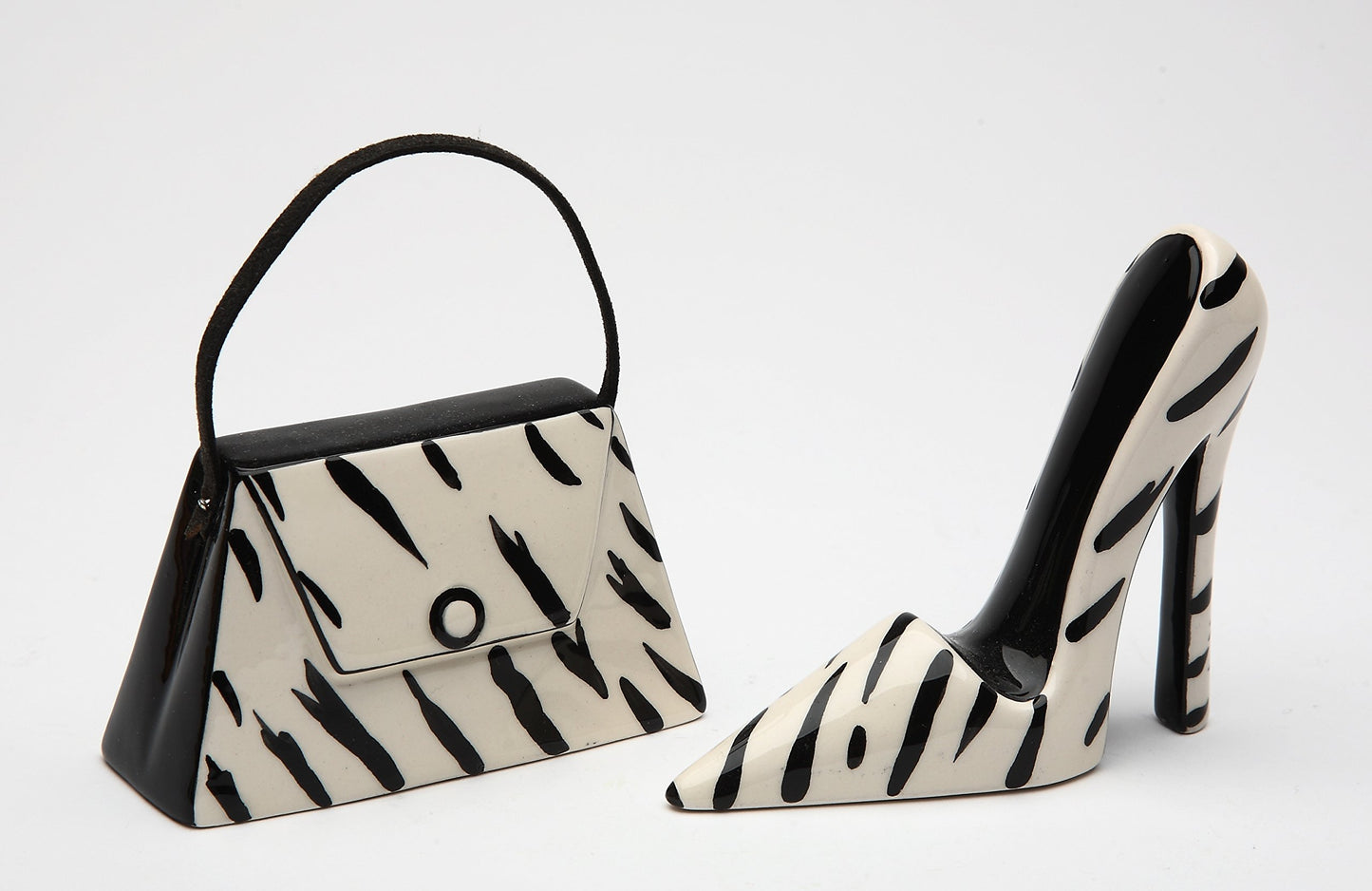 Cosmos Gifts 62807 Fine Ceramic Black and White Zebra Prints Silhouette High Heel Shoe and Purse Salt and Pepper Shakers, 3-1/2" L