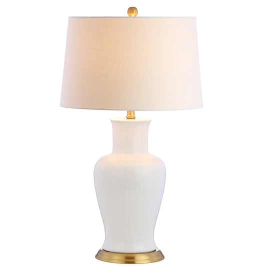 JONATHAN Y 29" White/Gold Traditional Ceramic Urn LED Table Lamp for Bedroom Decor, White Linen Drum Shade, Classic Nightstand Lamp for Living Room, LED Bulb Included JYL4026A