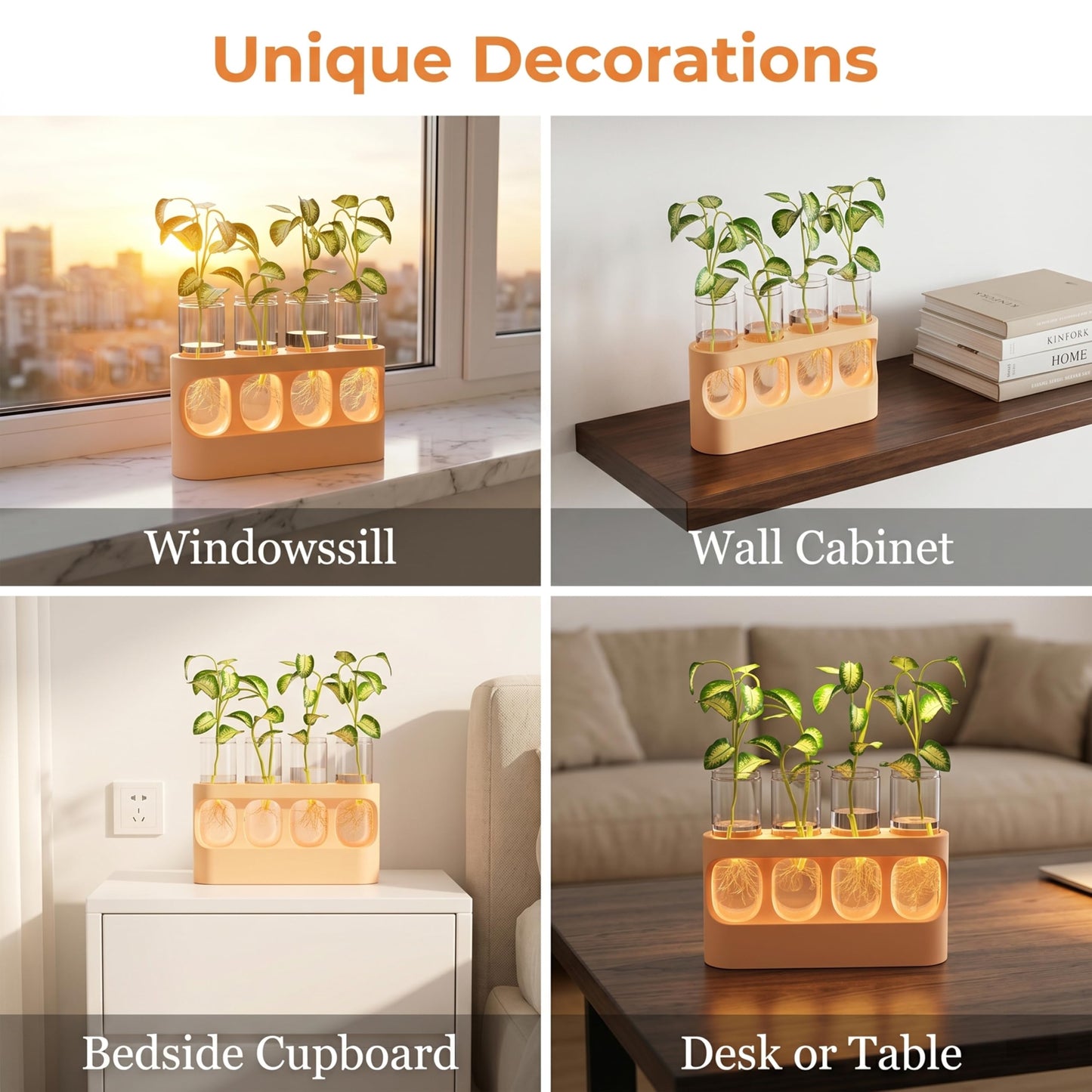 Hokkieam Plant Propagation Station with LED Light, 10-Level Dimmable Desk Plant Stand for Hydroponic Plants, 4 Glass Test Tubes Propagated Plant Holders for Indoor Home Decor Gardening Gifts
