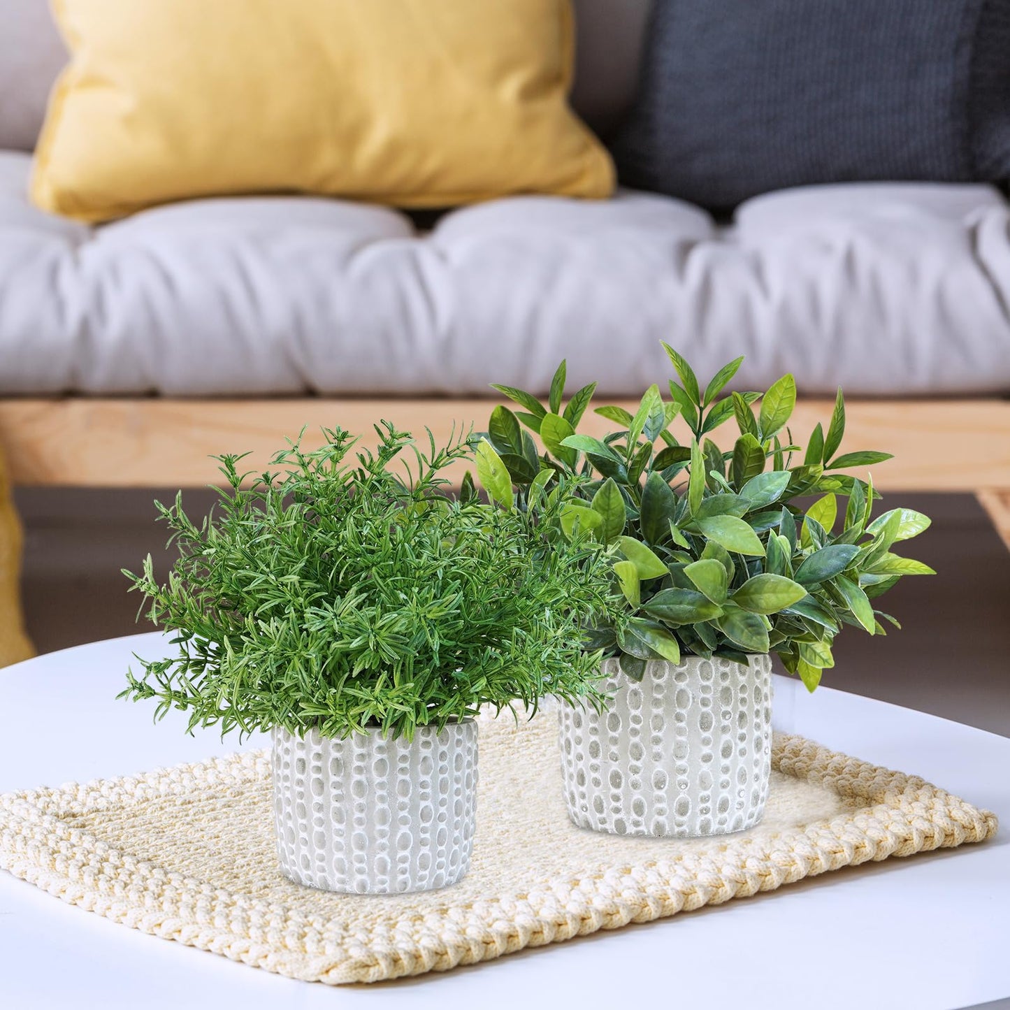 Winlyn 3 Pcs Artificial Potted Plants - Faux Eucalyptus, Boxwood, Rosemary, Greenery in Small Concrete Pots -Desk, Table, Shelf, Windowsill Decor for Indoor Outdoor Home Office