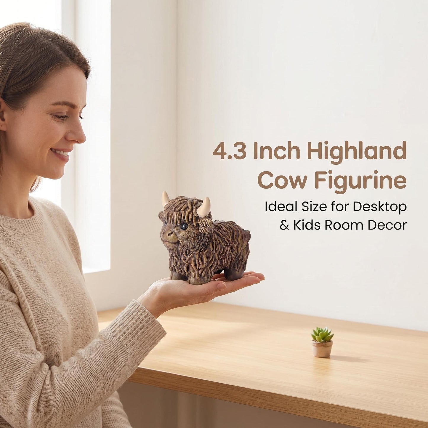 NYSCURE Nordic Cow Statue Resin Brown 4.3 Inch Highland Cow Figurine Scottish Calf Statues, Desk Bookshelf Decor Gardens Office Tiered Trays Living Room Ornament Gifts