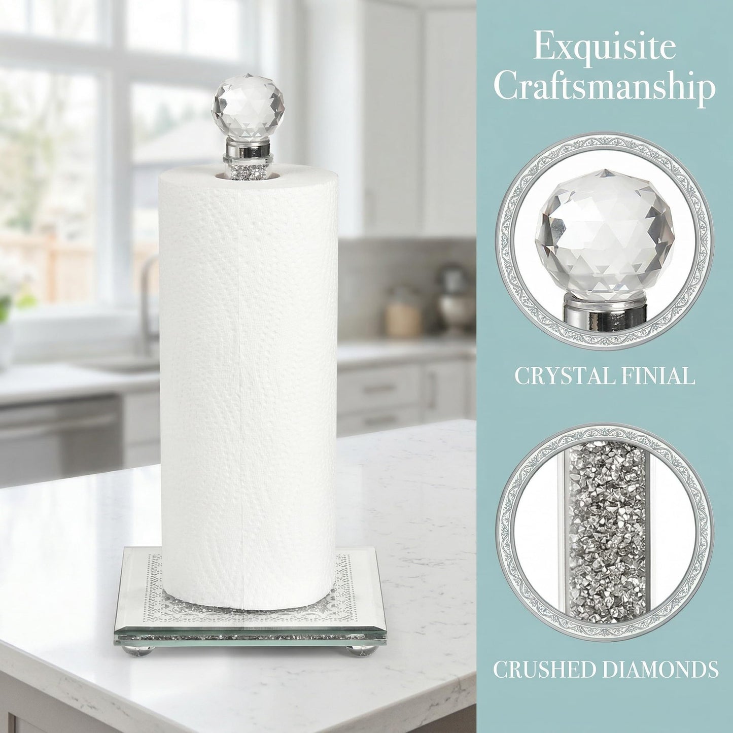 Suwimut Paper Towel Holder Countertop, Silver Paper Towel Roll Dispenser Stand Weighted Base Non Slip Filled with Sparkly Crystal Crushed Diamond for Home Kitchen Bathroom Tabletop