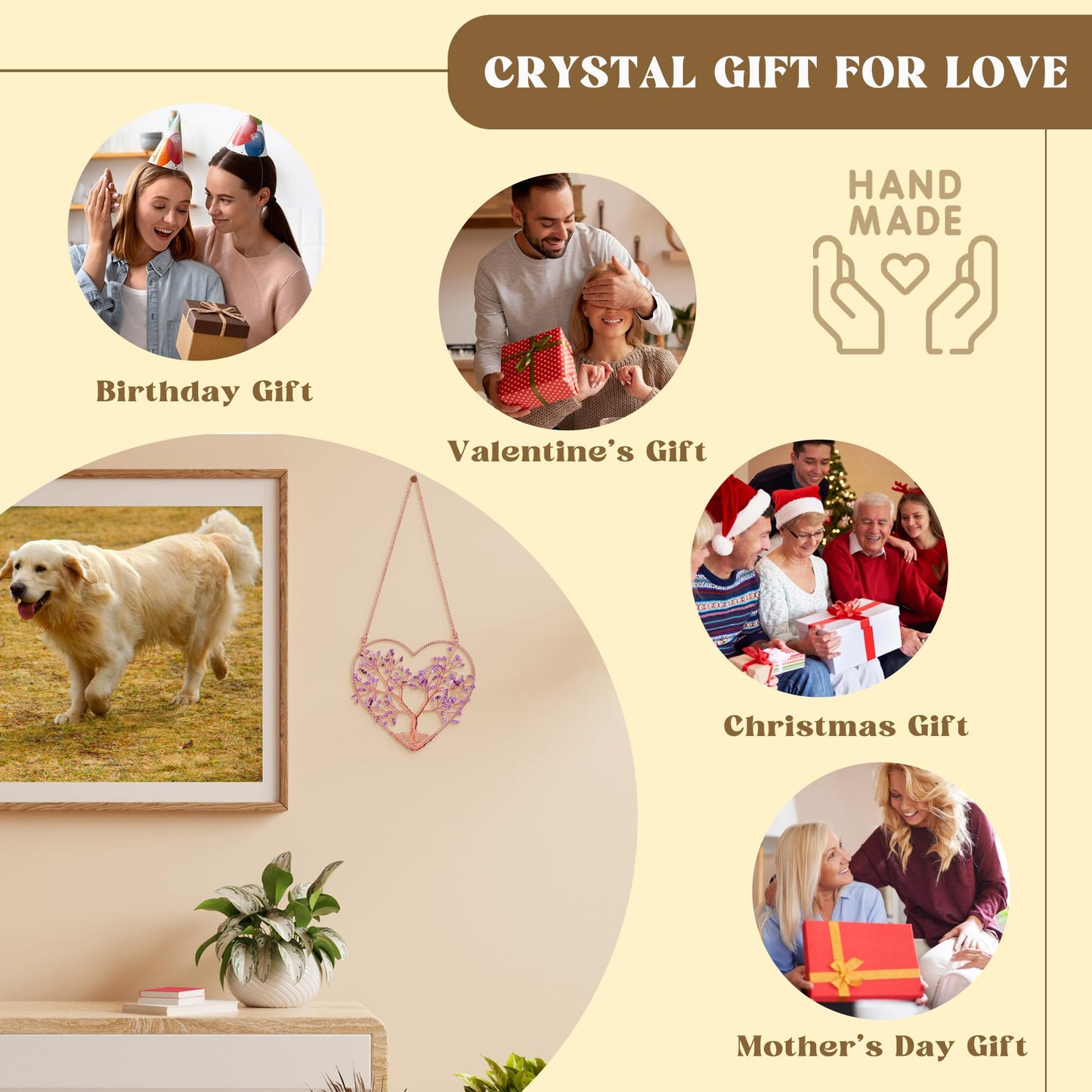 CrystalTears Rose Quartz Crystal Tree Life Heart Hanging Ornament for Home Wall Window Room Decor, Healing Crystals Gemstone Wall Hanger, Positive Crystal Gifts for Women Mom Birthday Christmas
