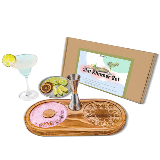Margarita Salt Rimmer Set - Wood and Stainless Steel 3-in-1 Cocktail Glass Rimmer for Salt, Sugar, Lime – Fits Glasses up to 5.1 Inches – Complete Margarita Kit for Cocktails (1pack)