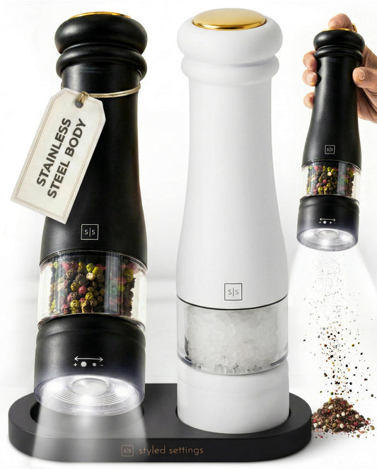 Electric Salt and Pepper Grinder Set - Styled Settings Electric Salt and Pepper Shakers, Automatic Stainless Steel Set with LED Light, Battery Operated, Adjustable Coarseness, Wood Base