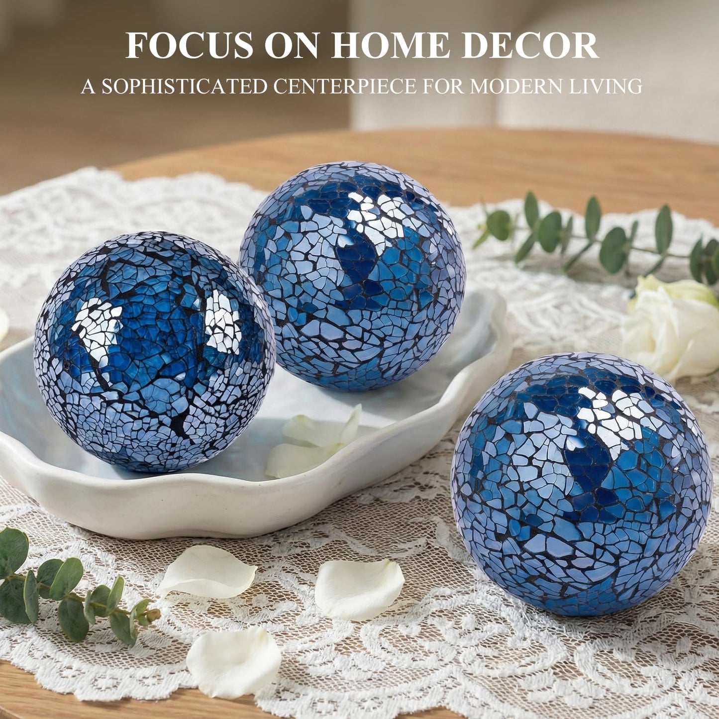 DomeStar 3PCS Decorative Balls for Bowls, 3 Inch Dark Blue Orbs Glass Balls for Centerpiece Bowls Mosaic Sphere for Home Decoration Dining Table