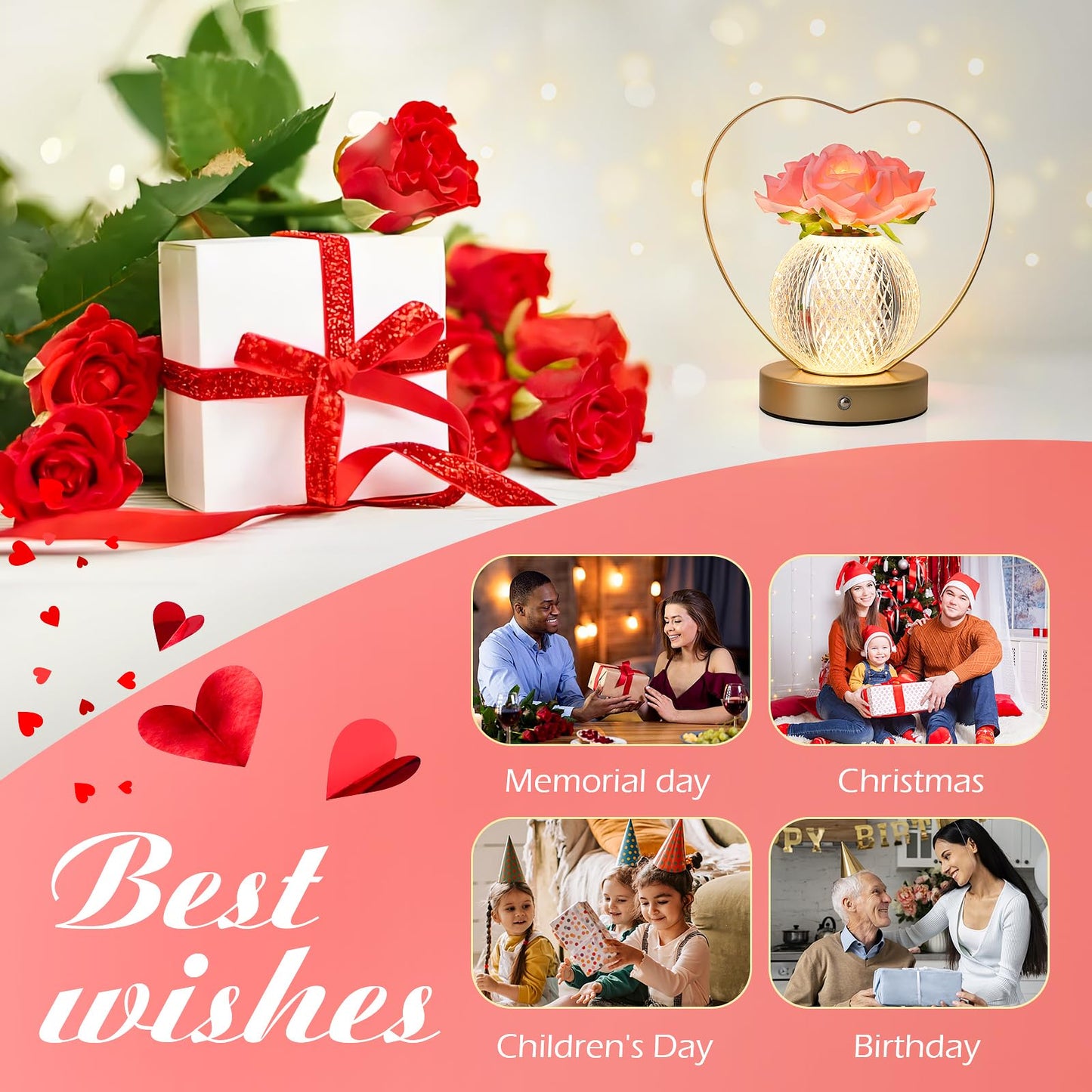 AMWGIMI Women Gifts Rose Flower Lamp,Rechargeable Cordless LED Touch Lamp