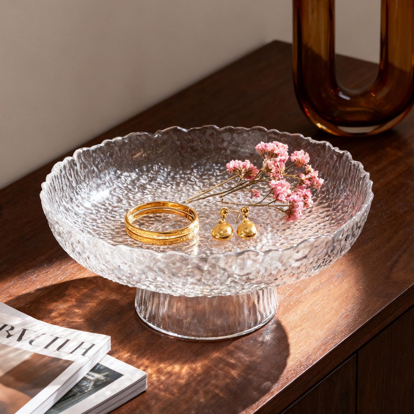 Kultilanda Large Glass Fruit Bowl for Kitchen Counter Decorative Centerpiece Bowl for Table Home Déco, Clear Hammered