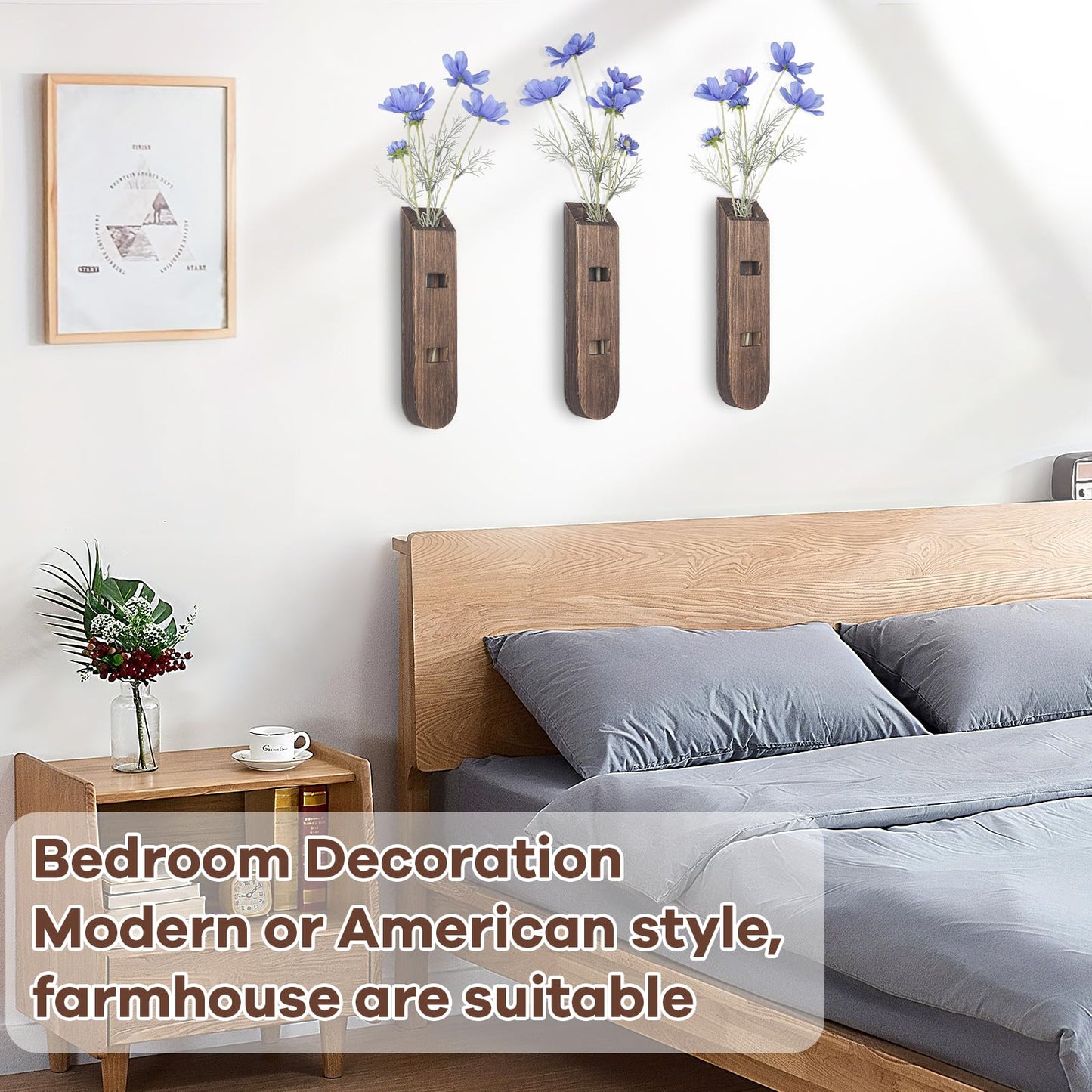 3 Pack Wood Planter Set, Boho Wall Decor for Living Room, Modern Farmhouse Entryway or Bathroom Decor, Wooden Vase Aesthetic Art for Wall Decorations