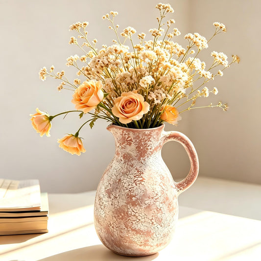 Ceramic Flower Vase 8 inch Farmhouse Vase with Handles for Home Decor Vintage Rustic Decorations for Bathroom, Living Room, Entryway, Wedding (Retro)