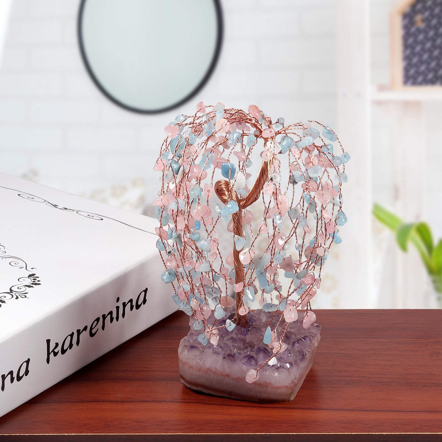 mookaitedecor Quartz & Aquamarine Crystal Tree with Amethyst Cluster Base