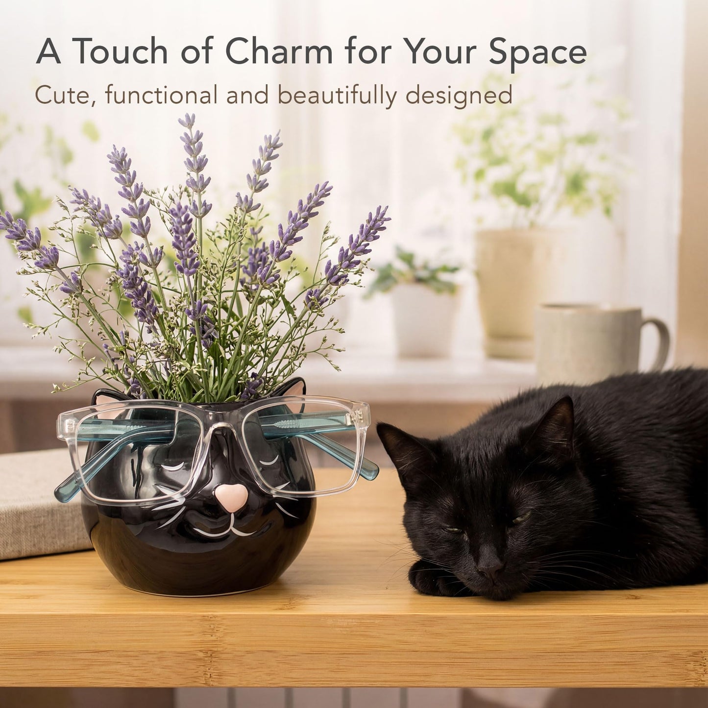 Luvberries Cat Glasses Holder Stand and Vase - Black Cat Ceramic Sunglasses and Eyeglasses Stand Cat Lady Gift Display and Decor Organizer for Desk Accessories and Stationery Items