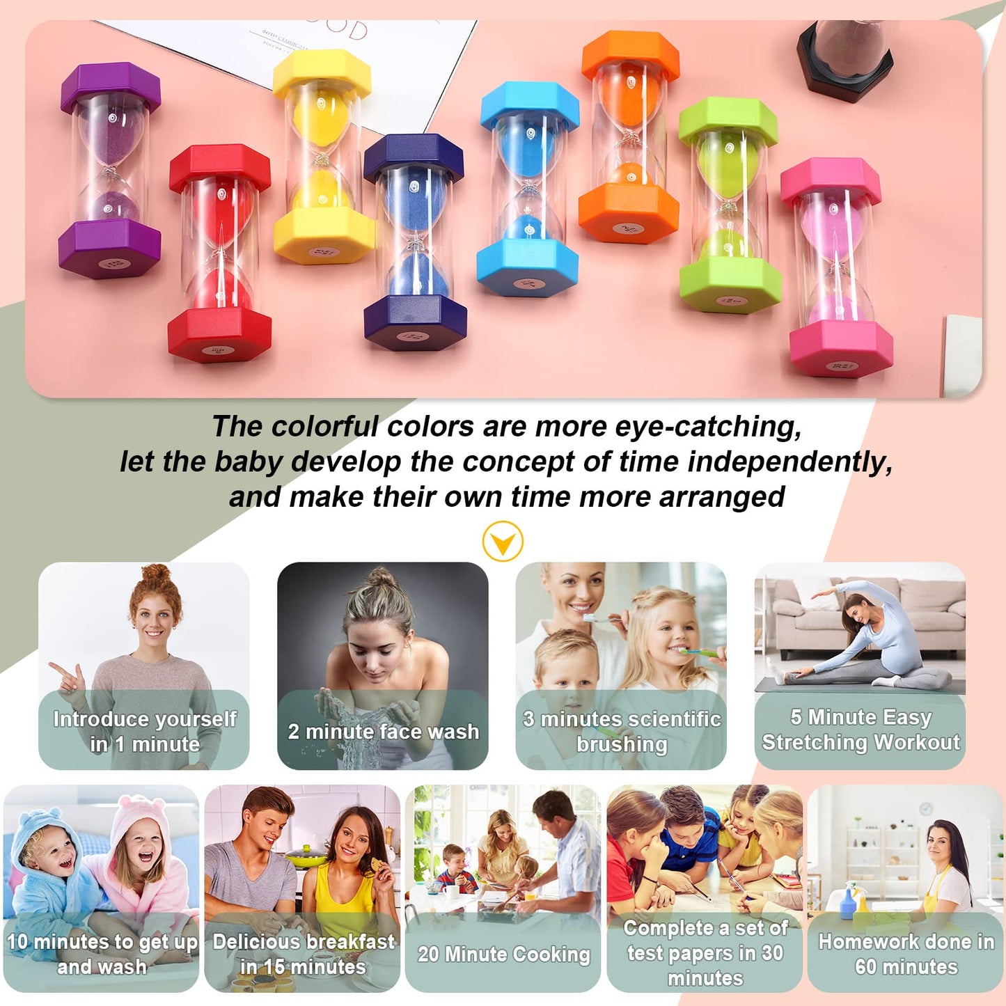 Yunsailing 9 Packs Colorful Sand Timer Hourglass Set 1/2/3/5/10/15/20/30/60 Minutes Visual Sand Clock Timer Plastic Sandglass for Home Office Kitchen Game Use(Classic Colors)