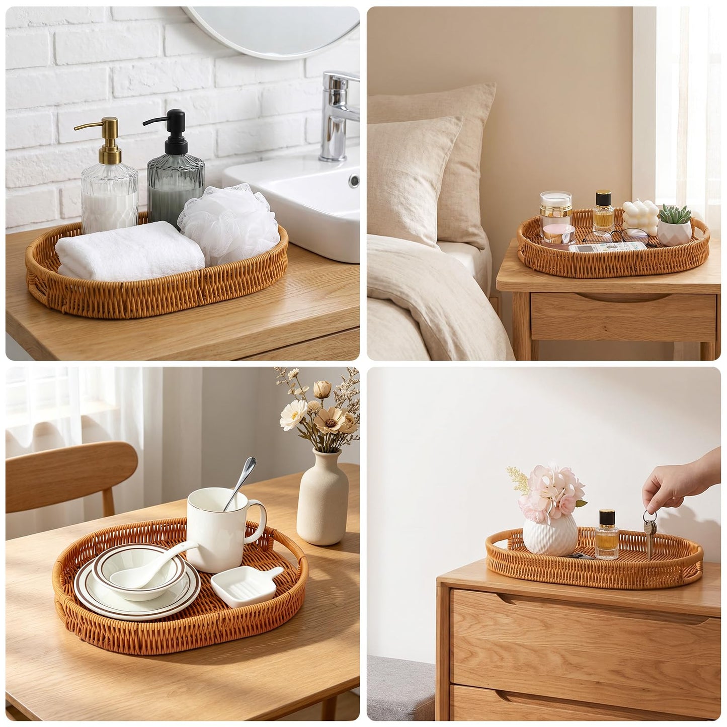 Segbeauty Faux Rattan Bathroom Vanity Tray for Home Decor, 13.8x9.8x1.8in Oval PP Wicker Storage Basket for Guest Towel Paper, Plastic Rattan Serving Woven Tray, Bedroom Basket Organizer with Handles
