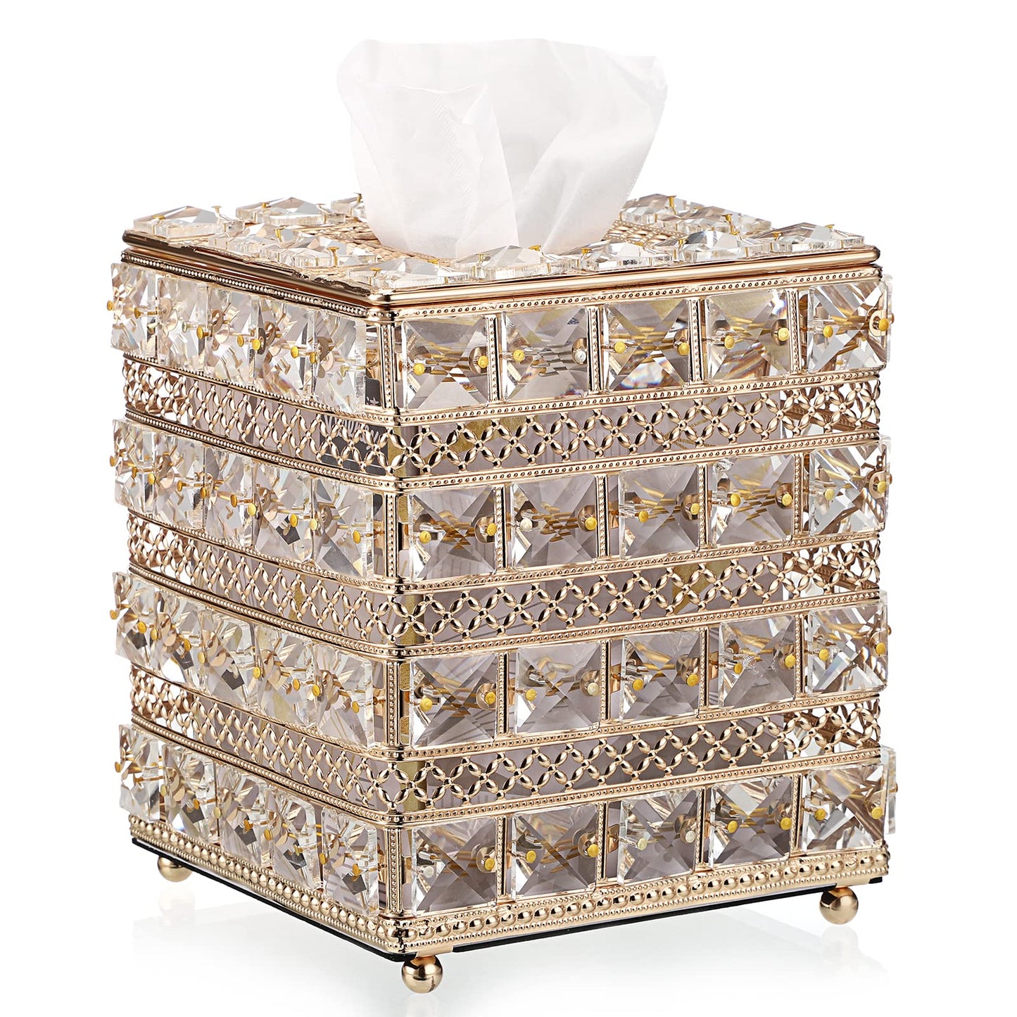Sumnacon Crystal Square Tissue Box Cover - Sparkling Cube Glass Tissue Box Holder, Decorative Facial Tissue Holder for Bedroom Bathroom Dresser Night Stand Table Office Home Decor, Gold