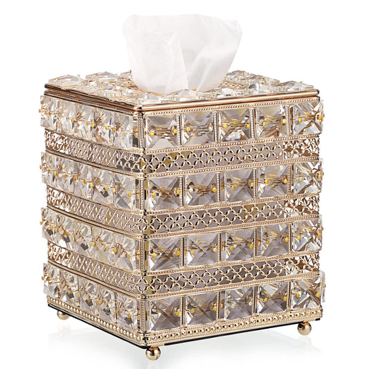 Sumnacon Crystal Square Tissue Box Cover - Sparkling Cube Glass Tissue Box Holder, Decorative Facial Tissue Holder for Bedroom Bathroom Dresser Night Stand Table Office Home Decor, Gold