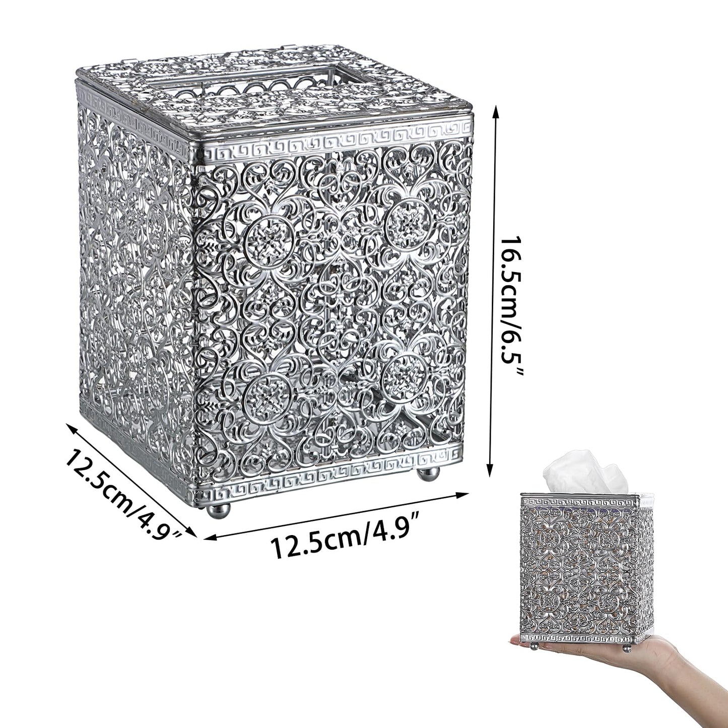 Sumnacon Tissue Box Cover Square Tissue Box with Lid, Metal Tissue Box Holder Stylish Tissue Cover Cube Tissue Box Cover for Bathroom Toilet Kitchen Table Desk Home Office, Silver