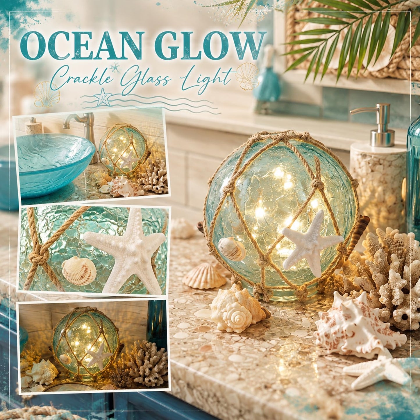 Fumete 6 Inch Glass Fishing Float Nautical Lamp Coastal Starfish Seashell Beach Decor Blue Cracked Glass Ball Night Light for Summer Beach Coastal Bathroom Home Decor Gifts