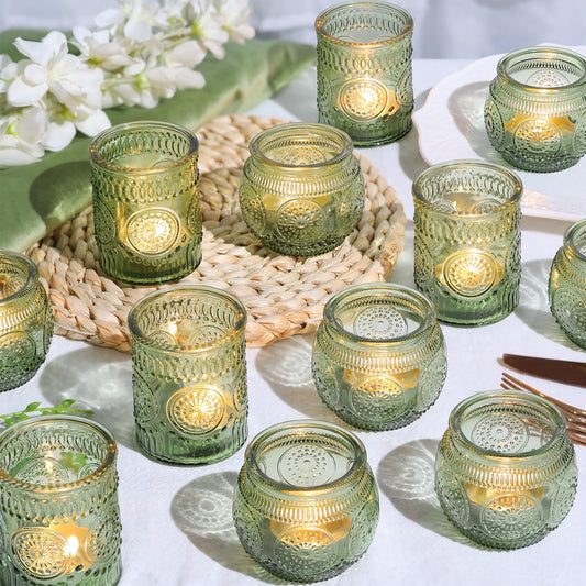 12pcs Assorted Green Votive Candle Holders for Wedding Table Decorations, Glass Tea Lights Candle Holder for Bridal Shower, Baby Shower Decrations, Boho Tea Party Decor, Wedding Party Gifts for Guests