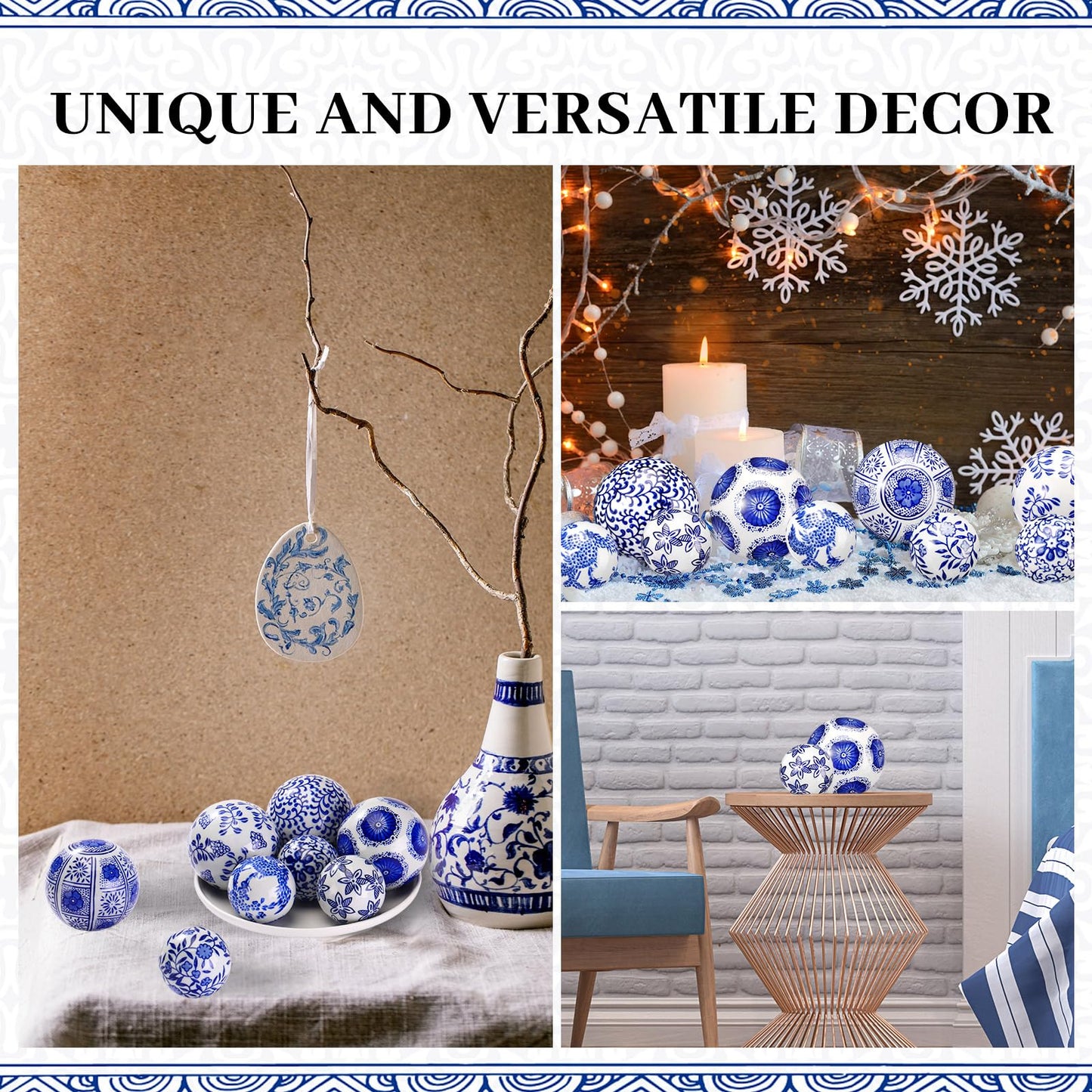 Ziliny 8 Pcs Porcelain Decorative Balls for Centerpiece Bowls 3.14'' /2.36'' Blue and White Ceramic Chinoiserie Balls for Vases Tray Bowl Basket Tables Christmas Wedding Party Home Decor