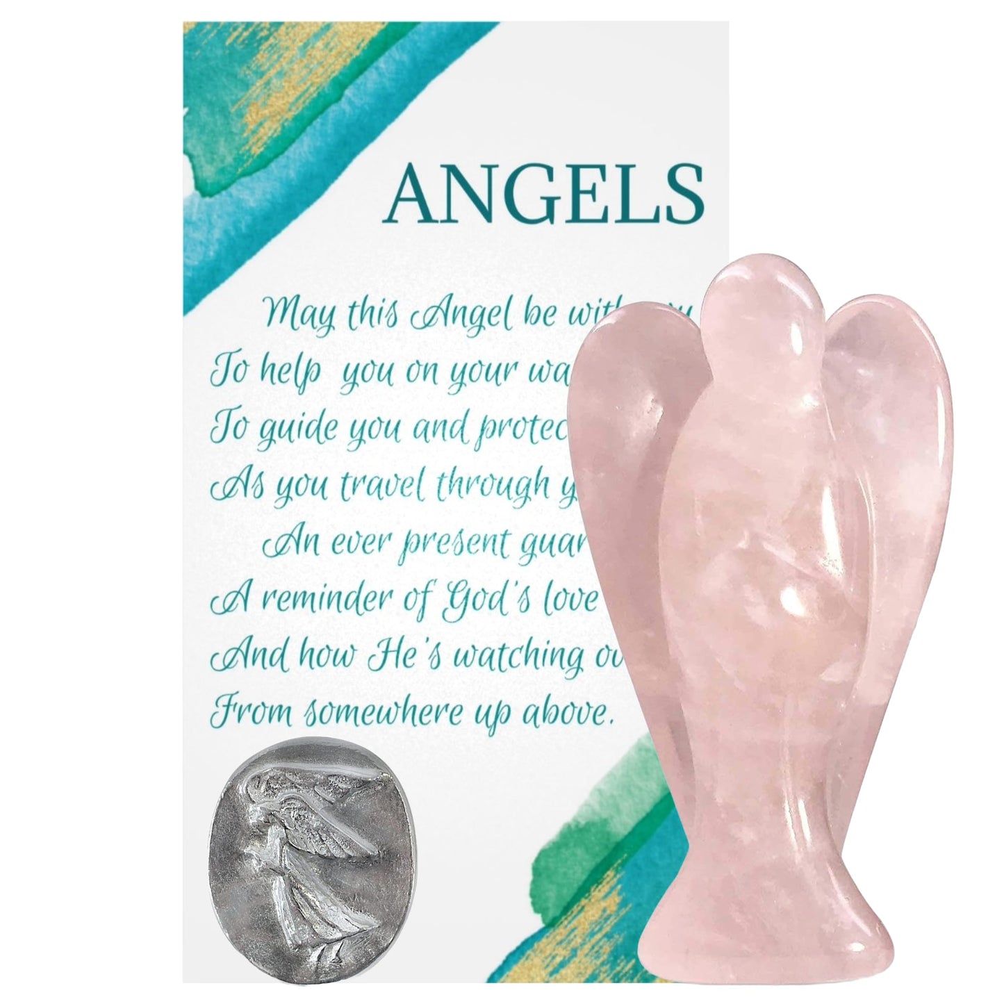 Earth Therapy New Rose Quartz Pocket Guardian Angel with Serenity Prayer Card Lucky Coin Token - Figurine Faith Peace Gift Set