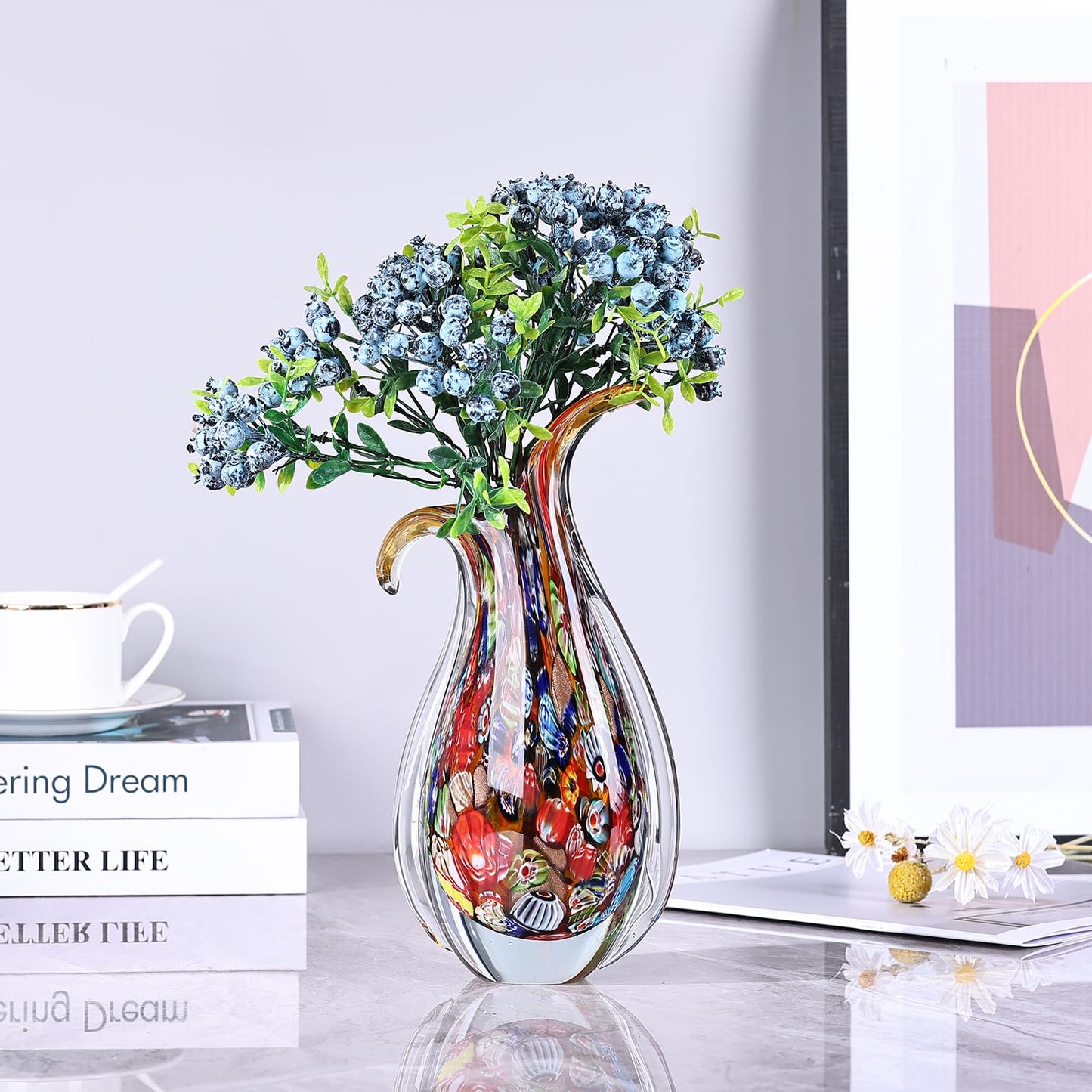 Hand Blown Glass Vase – Oval Decorative Art Glass for Centerpieces, Murano Inspired Decor for Dining Room, Entryway Table, or Shelf, Handmade Glass Vase for Home Display (Teal)