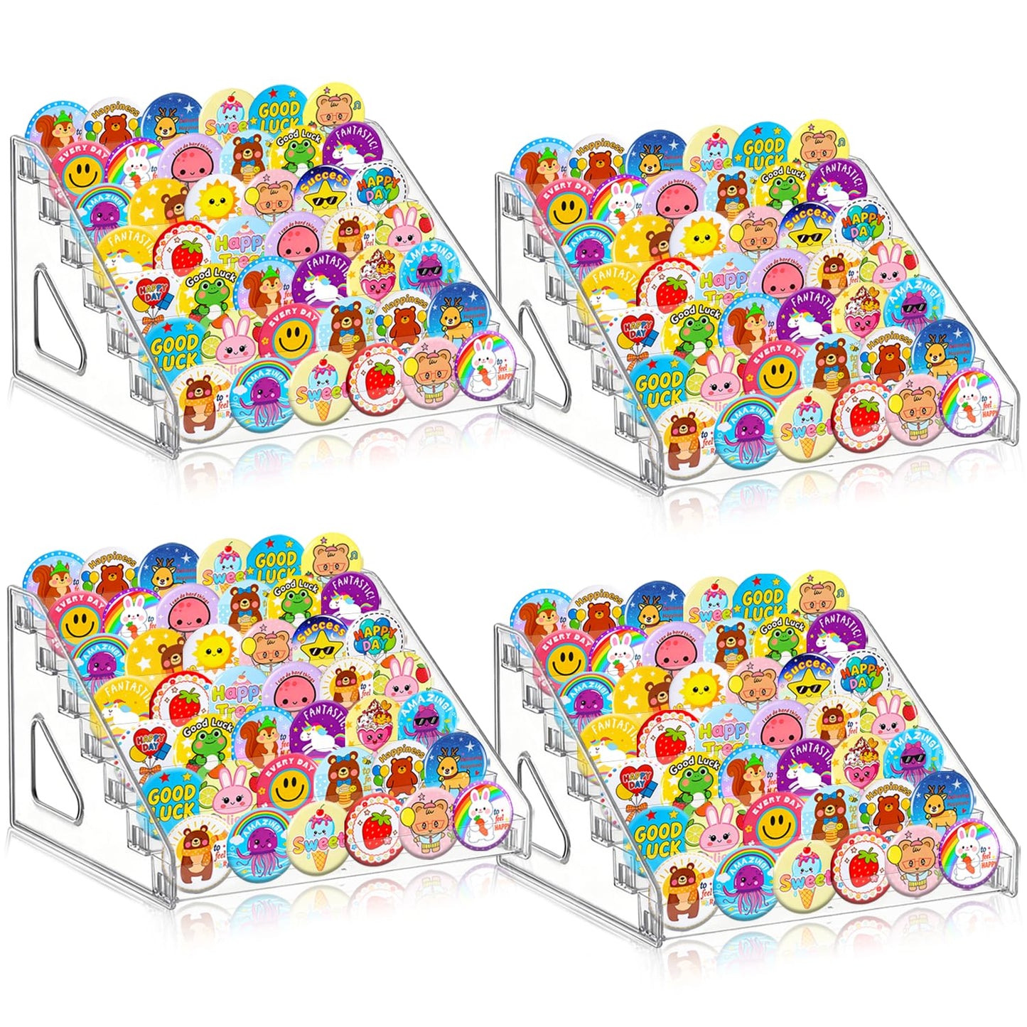 deapera 4 Pack 7 Tier Clear Acrylic Display Stand with Fences, Versatile Organizer for Button Pins, Graded Cards, Mini Figures, Makeup, Nail Polish & Coffee Capsules (4 Pack)