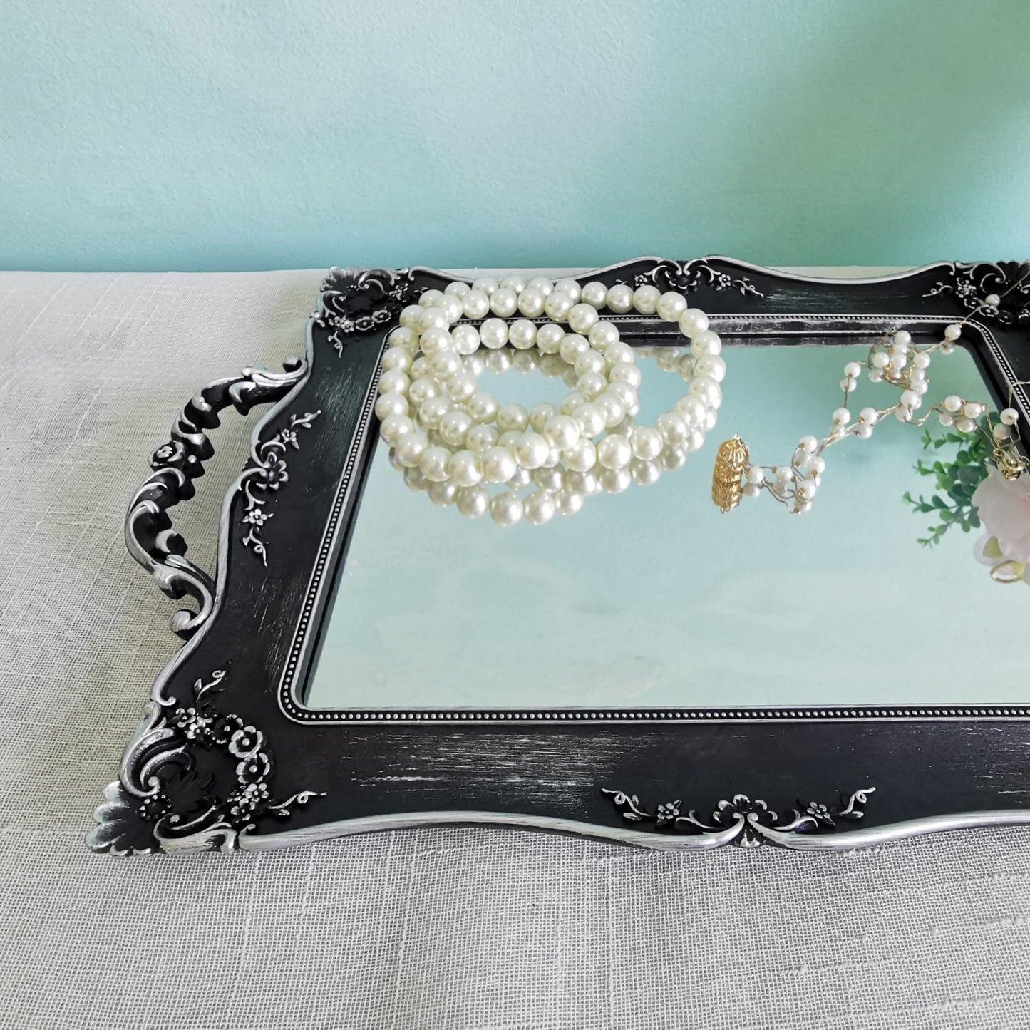 Yamfurga Rectangle Decorative Mirror Tray, French Style, Makeup Organizer, Jewelry Organizer, Serving Tray, 9.5"x 14.9", Silver Black