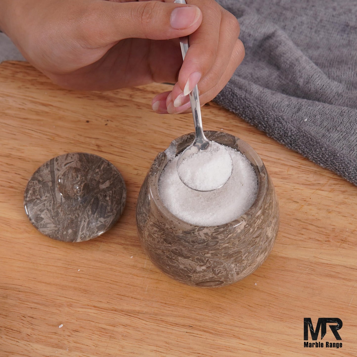 Oceanic Marble Salt Cellar – 3.5 Inch Oceanic Salt Jar with Lid, Table Salt Container, Salt Dish, Salt Holder, Spice Jar, Sugar Bowl, Seasoning Container, Salt Dispenser for Kitchen Counter Decor