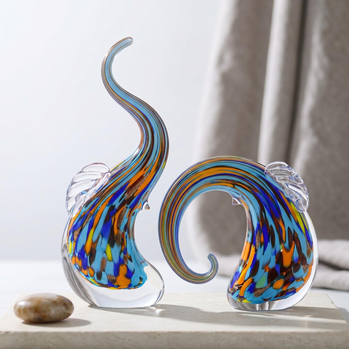 suruim Hand Blown Murano Glass Elephant Statues Set - Luxury Sculptures Home Decor for Living Room & Office Art Glass Ornament Animal Collectible (Green)