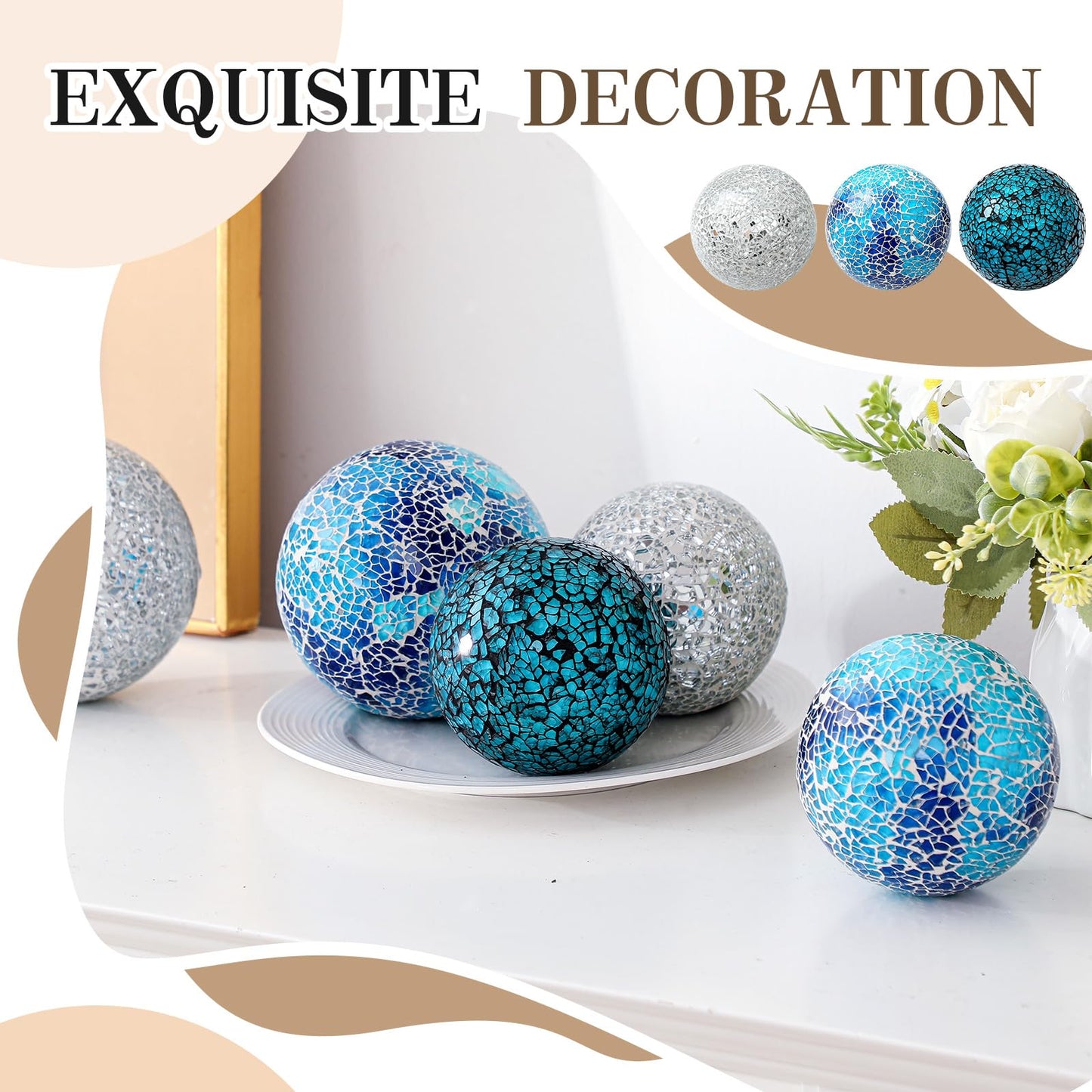 Qinyoung White 8 Pcs Decorative Ball for Bowls, 3'' 4'' Glass Mosaic Sphere Decorative Orbs for Centerpiece Bowls Vase Fillers, Wedding, Party, Coffee Table & Home Decor (Blue,Cyan)