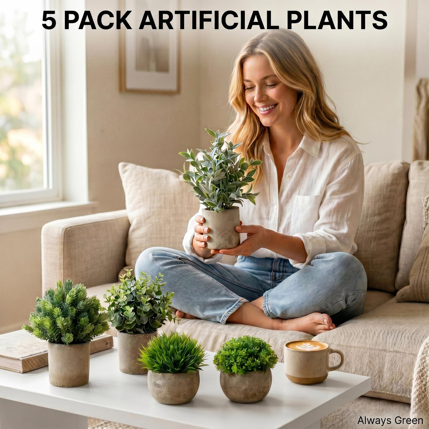 5 Pack Small Fake Potted Plants with Cement Pots - Realistic Faux Greenery Set, No Watering Low Maintenance, UV Resistant Artificial Plants for Shelf Office Bathroom Desk Decor, Indoor & Outdoor
