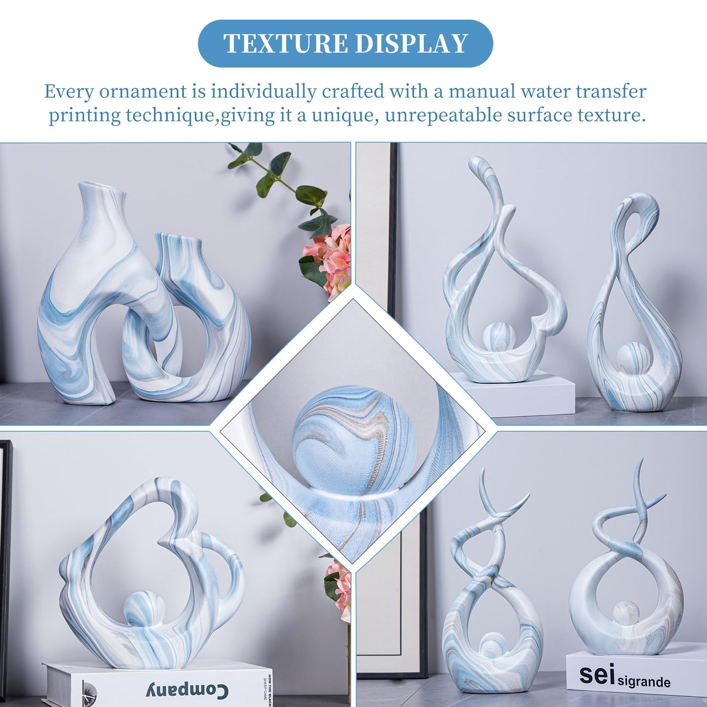 TZIZO Blue Marble Abstract Sculptures Set of 2, Coffee Table Centerpiece