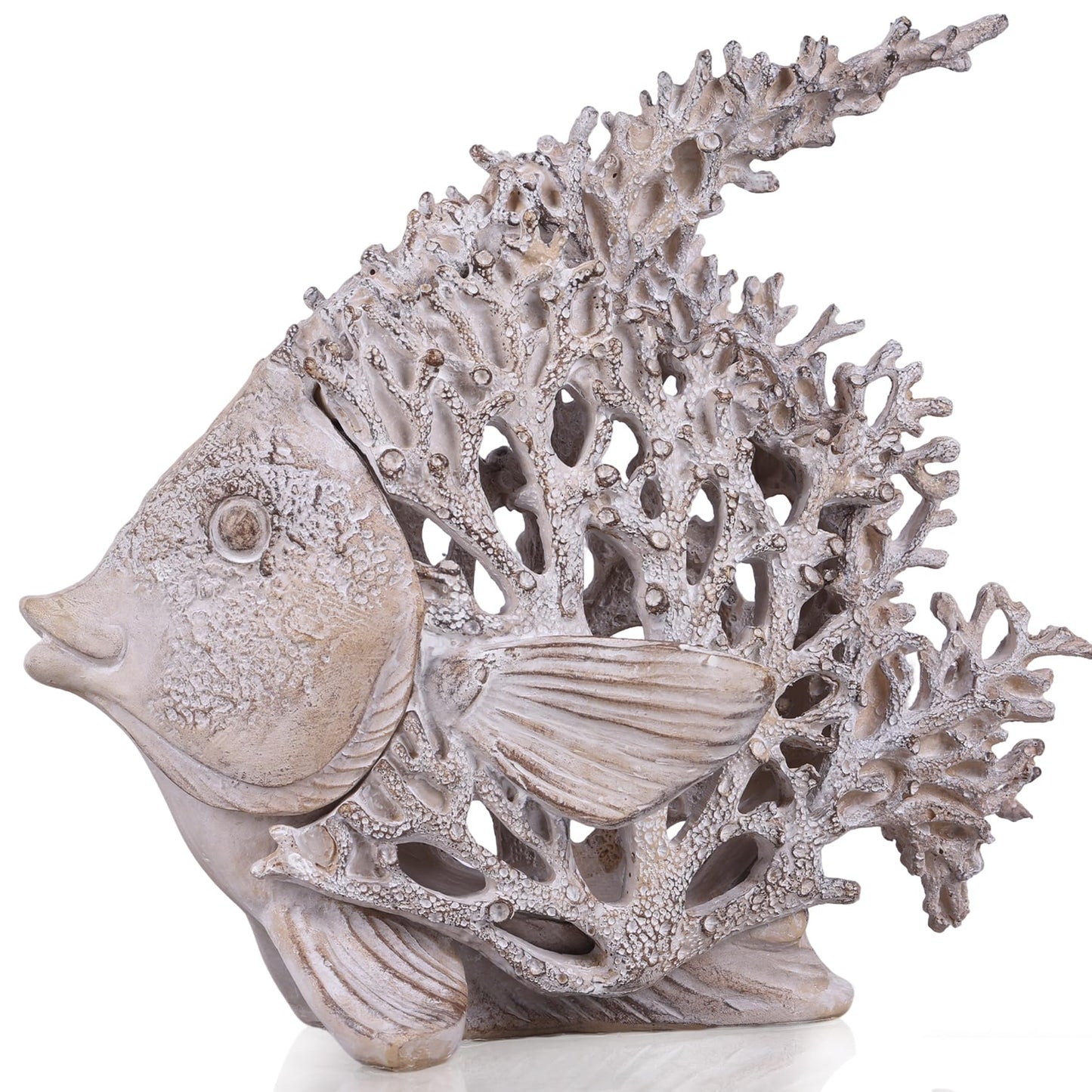 UANYEMON 7.28'' Ocean Coral Fish Sculpture - Resin Coastal Fish Figurine with Coral Backdrop, Ocean Blue & Sandy Beige Finish - Nautical Tabletop Accent for Living Room, Beach House & Bathroom Decor