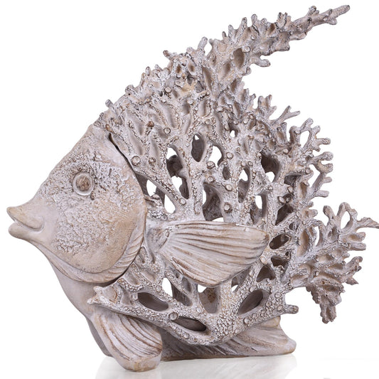 UANYEMON 7.28'' Ocean Coral Fish Sculpture - Resin Coastal Fish Figurine with Coral Backdrop, Ocean Blue & Sandy Beige Finish - Nautical Tabletop Accent for Living Room, Beach House & Bathroom Decor