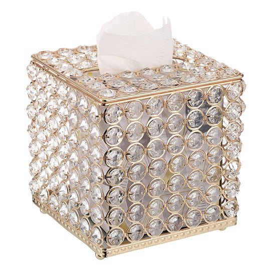 Sumnacon Crystal Square Tissue Box Cover - Sparkling Glass Cube Tissue Box Holder, Decorative Facial Tissue Holder for Bedroom Bathroom Vanity Dresser Night Stand Table Office Home Decor, Gold