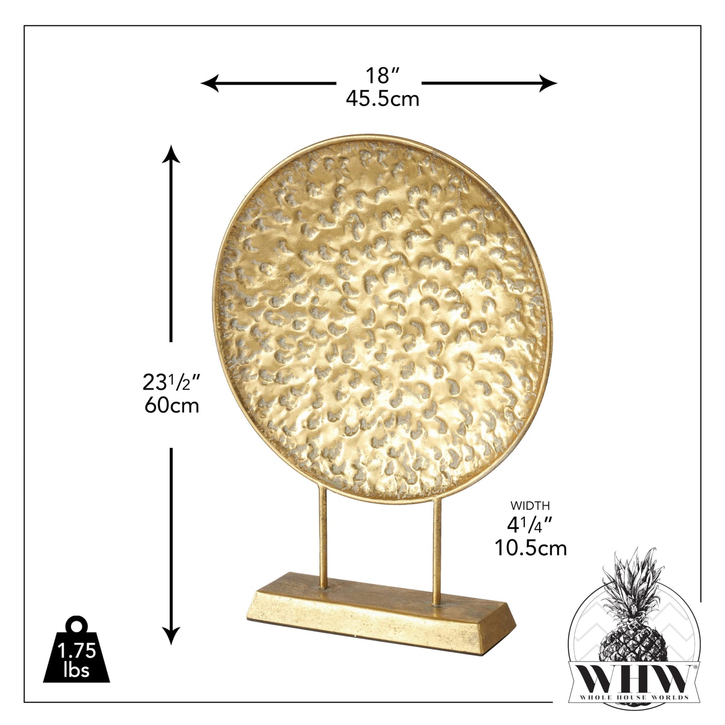 WHW Whole House Worlds Modernist Table Top Sculpture, Abstract Round, Textured Disc, Gold, Dark Patina, Post Mounted, Gallery Base, 23.5 Inches