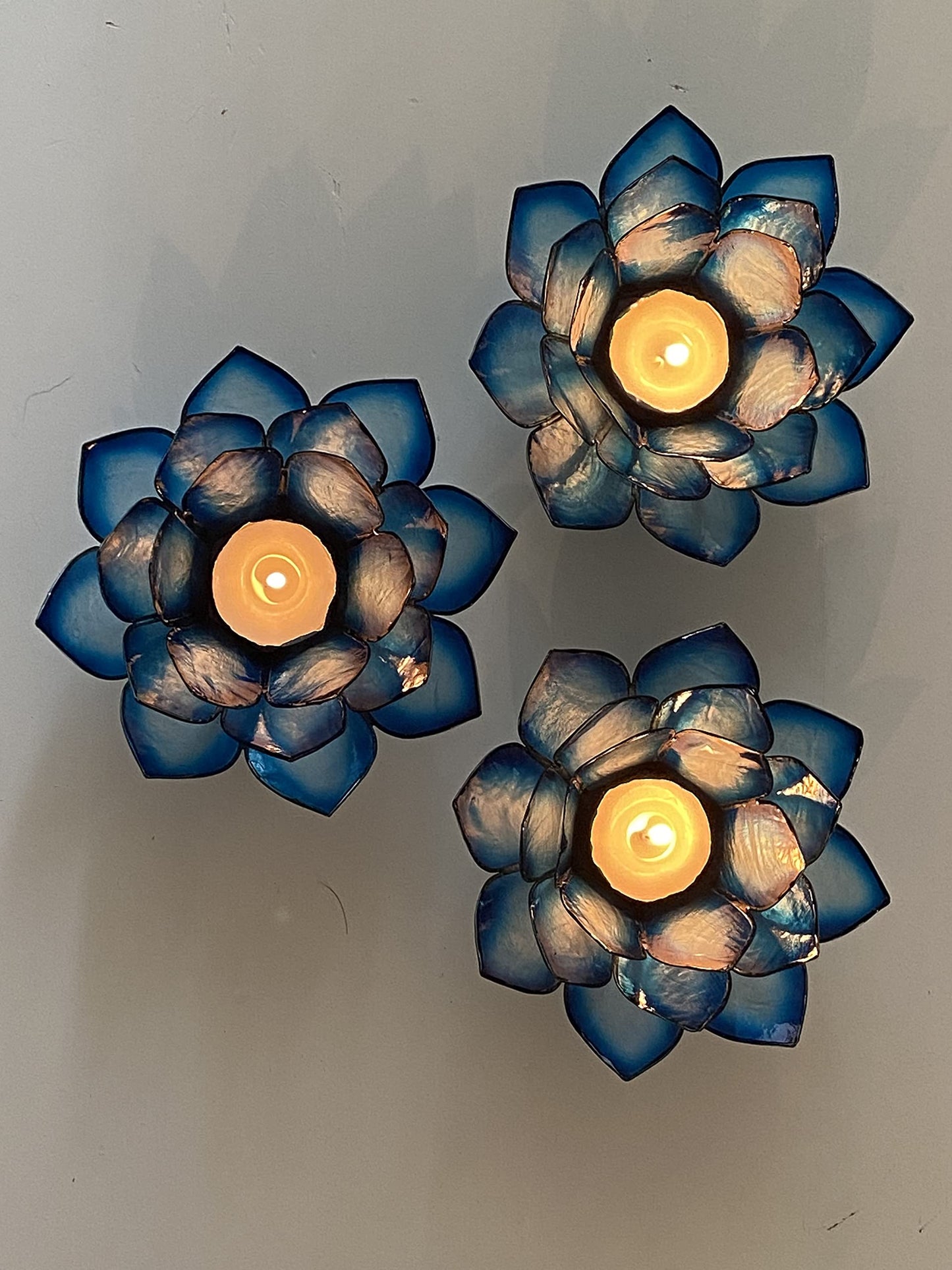 Om Gallery Capiz Shell Lotus Flower Decor Tealight Candle Holder for Serene Ambiance - Handmade Decorative Candle Holders for Meditation, Yoga, and Relaxation, Blue Lagoon