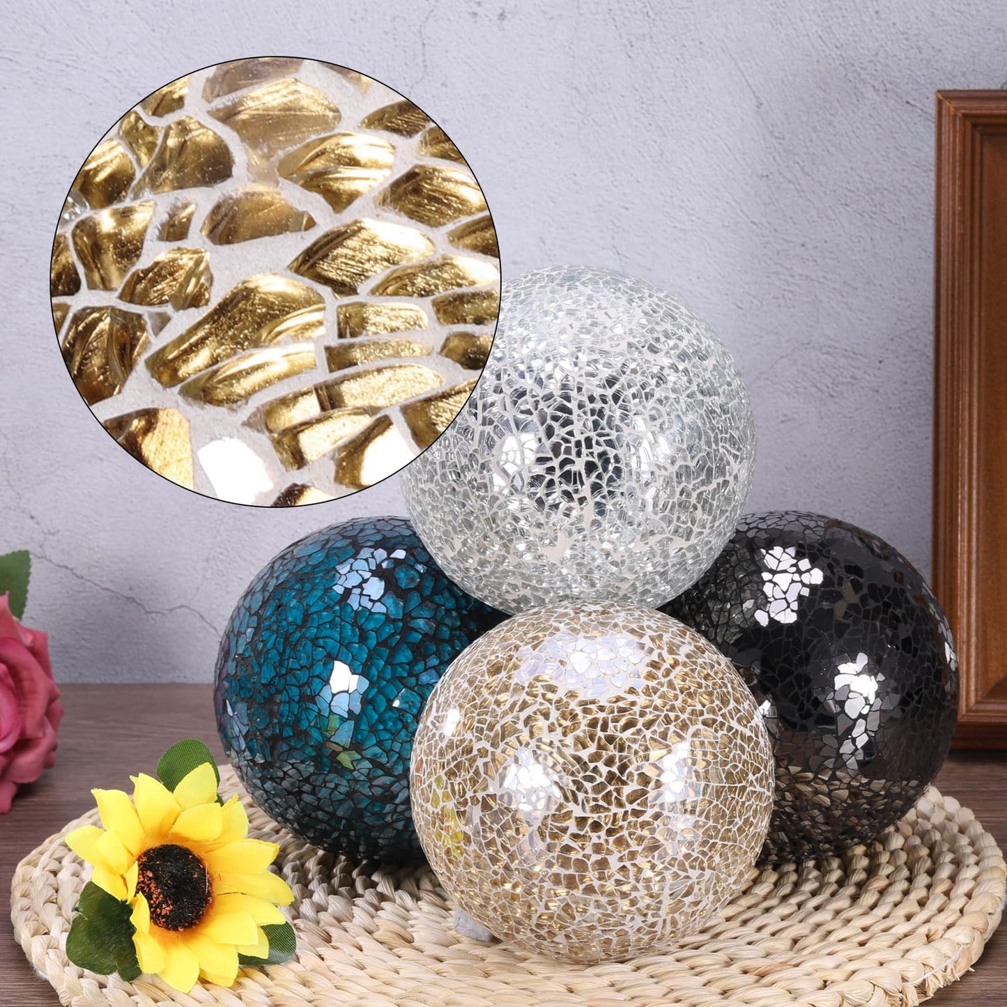 uxcell 4" Decorative Balls, 3 Pcs Mosaic Glass Balls, Decorative Table Sphere Orbs, Centerpiece Balls for Decorating Bowls Vase Tables Wedding Party, Gold