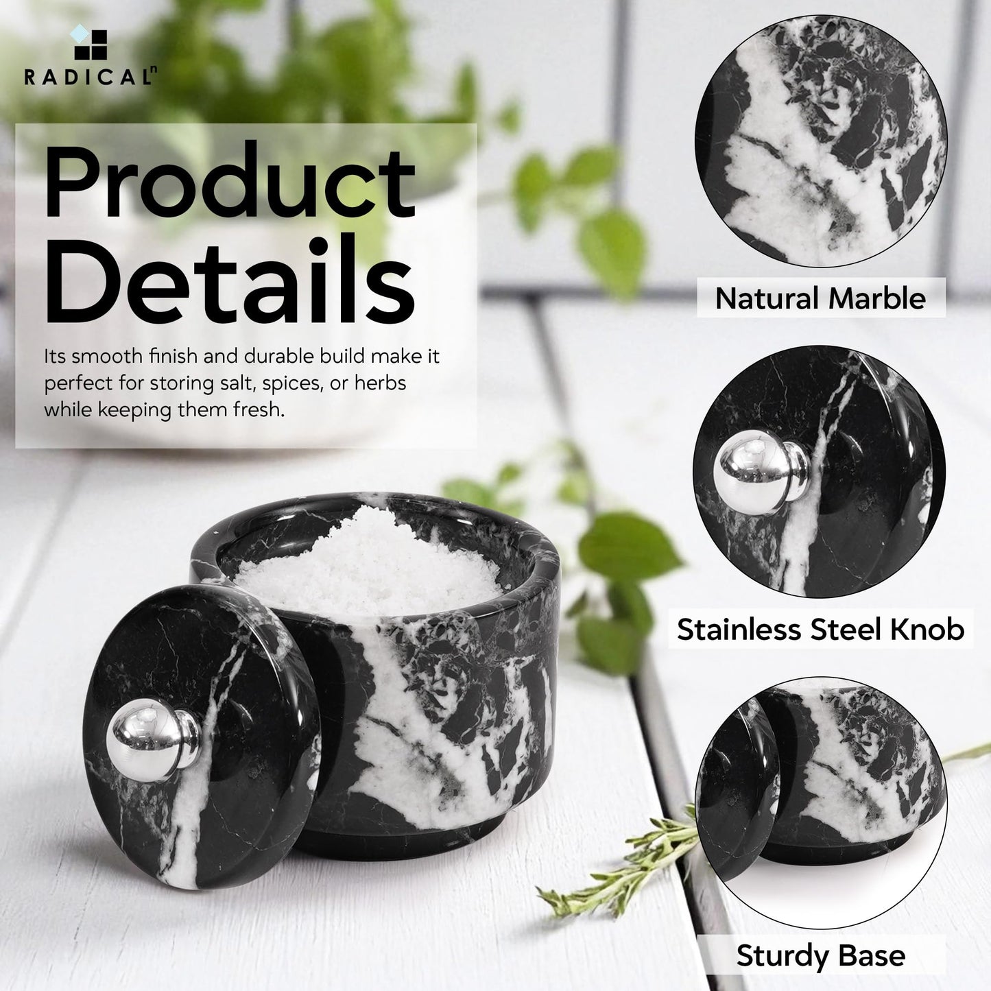 Radicaln Marble Salt Cellar with Lid 3" Black Handmade Salt Box & Spice Jar for Kitchen Counter, Ideal Salt Holder, Sugar Bowl & Salt Dish, Salt Container For Housewarming Gift & Kitchen Decor