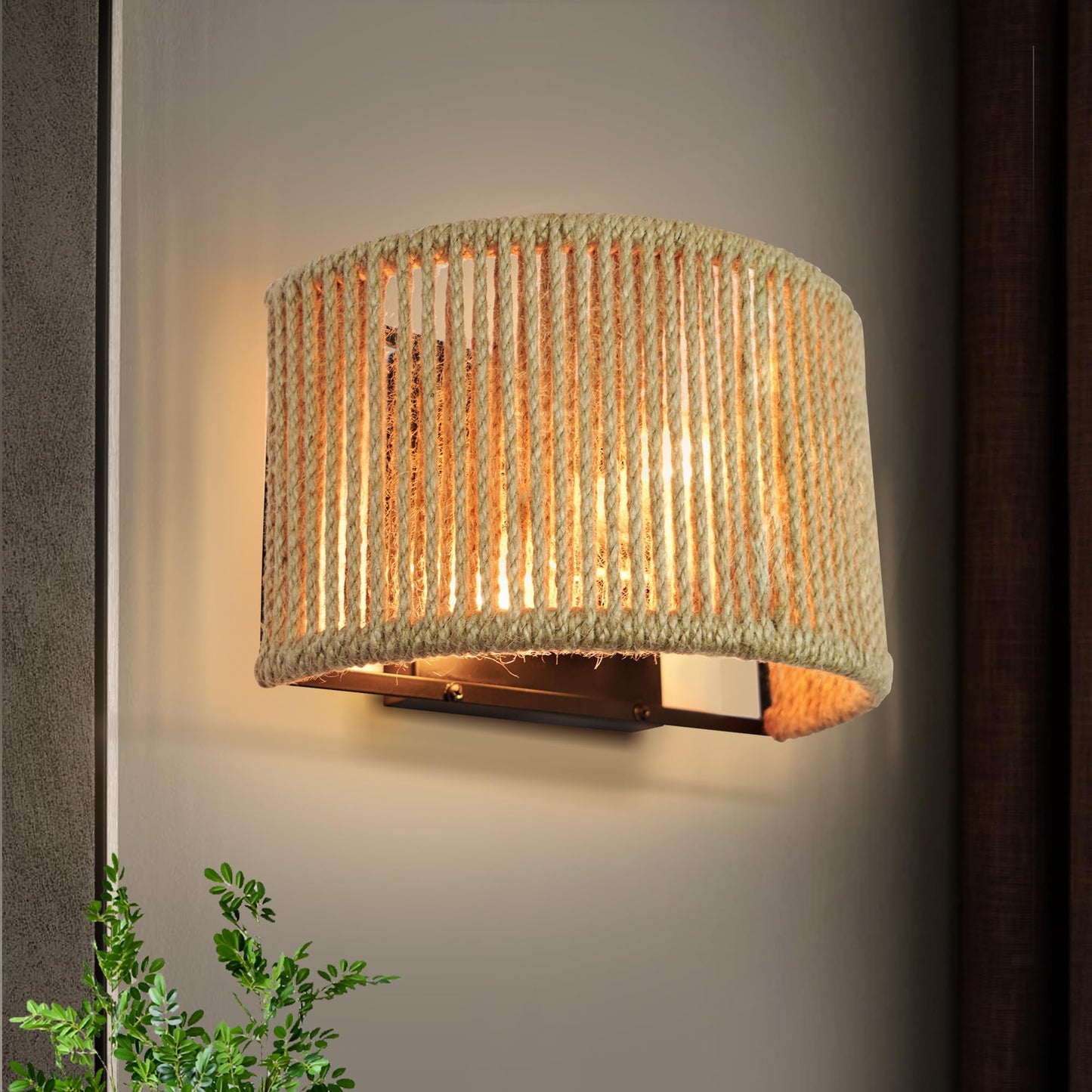 Lzawvm Rattan Wall Sconce Boho Wall Light Fixture Hand Woven Hemp Rope Sconce Lighting for Bedroom, Living Room, Aisle, Porch, Dia 9.7 Inch