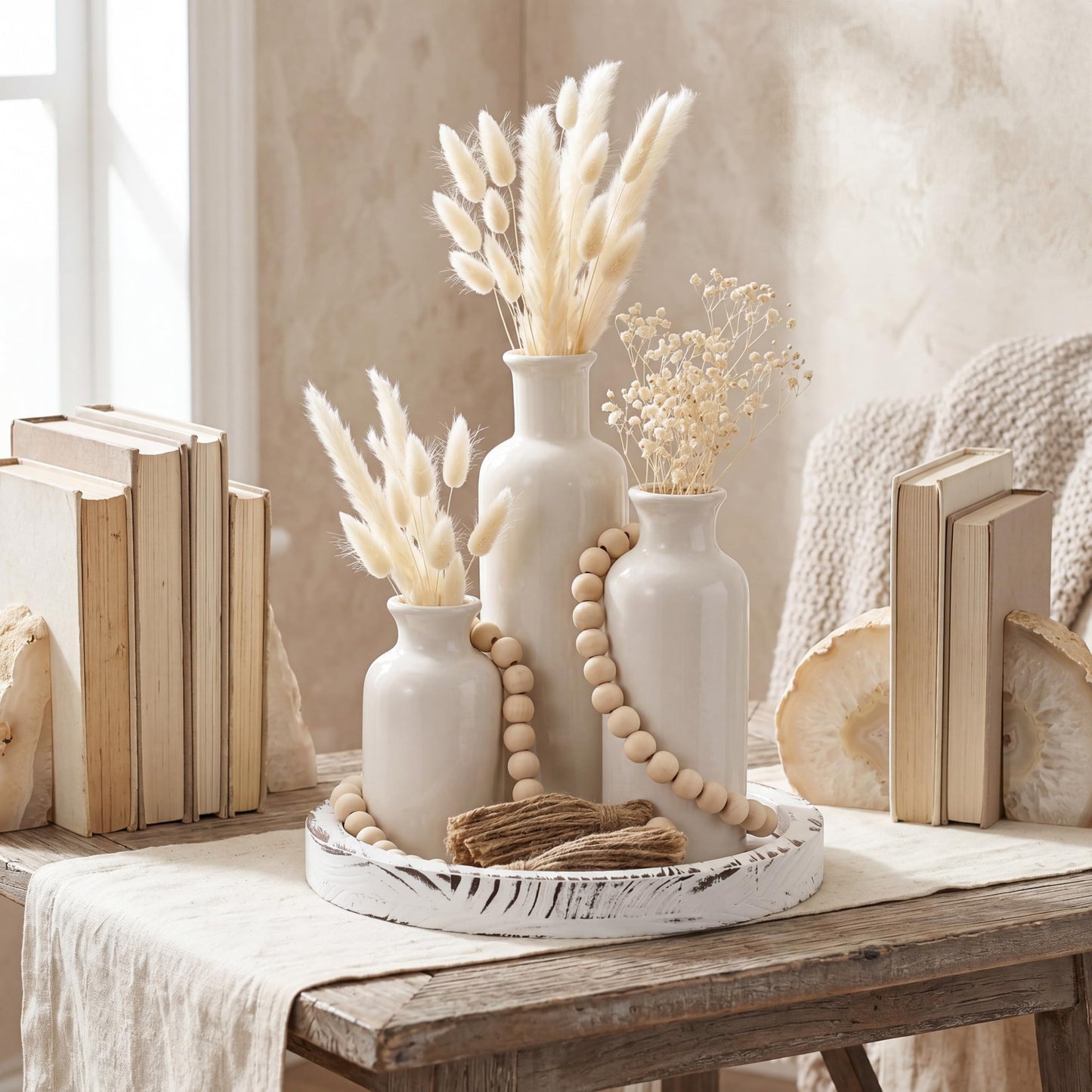 Tiangrid 5 Pcs Rustic Country Tabletop Centerpieces Decor Set of 3 Boho Ceramic Vases with Wooden Serving Tray Wood Bead Garland Tassels Table Holder for Home Decorations(White)