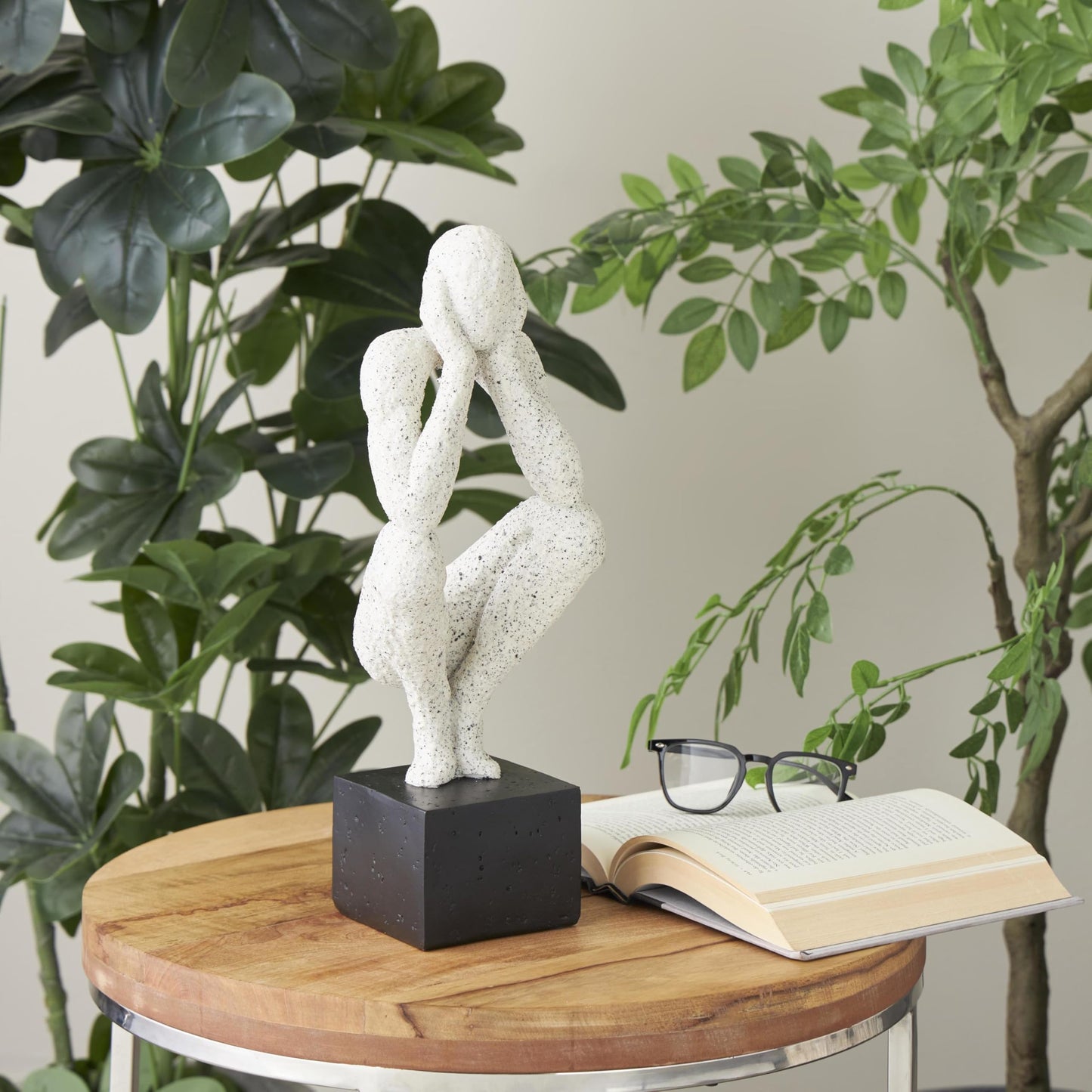 Deco 79 Polystone People Decorative Sculpture Crouching Home Decor Statue with Black Square Base, Accent Figurine 6" x 5" x 16", Cream