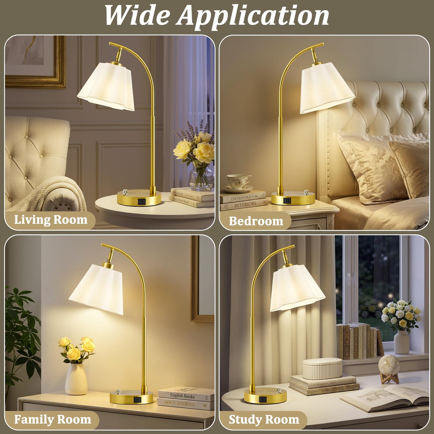 Gold Table Lamp Set of 2, Bedside Table Lamp with USB C+A Ports, Stepless Dimmable Nightstand Lamp, Small Cute Bedroom Lamps, Flower Lamp for Bedroom, Living Room, Home Office(Bulbs Included, Gold)