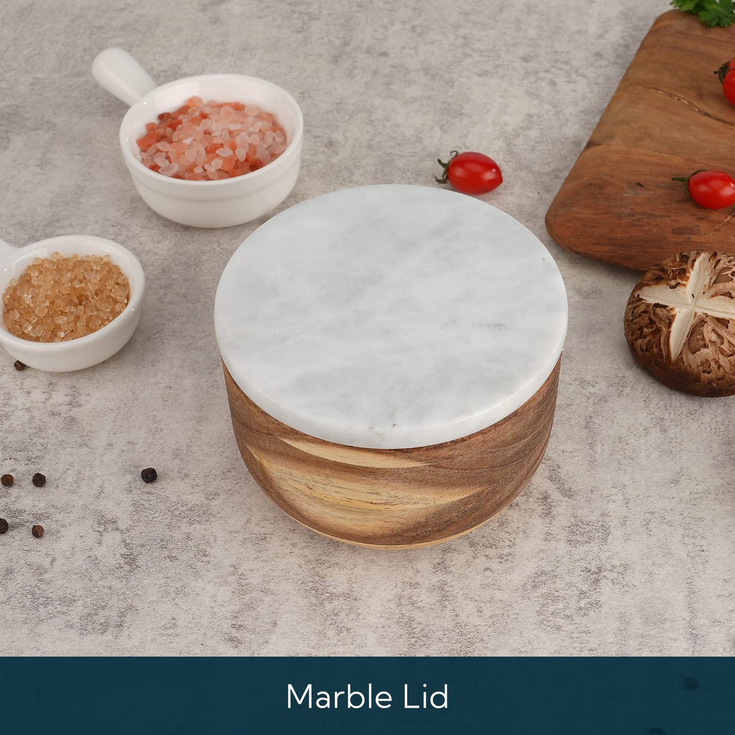 KITCHENDAO Marble Lid Acacia Salt Cellar Box Bowl with Built-in Spoon and Swivel Magnetic Lid Acacia Salt Cellar Box with Built-in Spoon