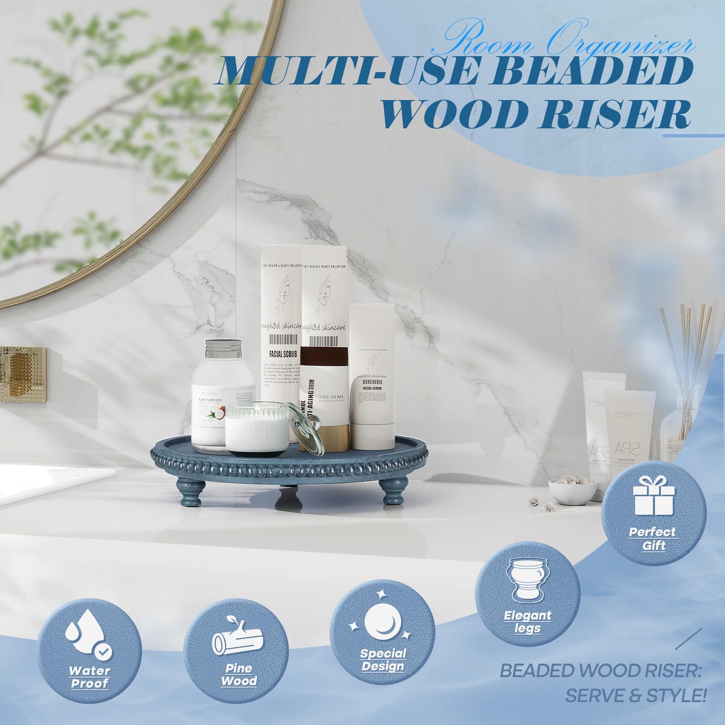 EOSAHR Round Pine Wooden Display Riser - Beaded Wood Riser for Plant Holder & Kitchen Sponge Holder, Perfume Stand Organizer - Rustic Farmhouse Style Kitchen Counter Decor, Boho Home Aesthetic (Blue)